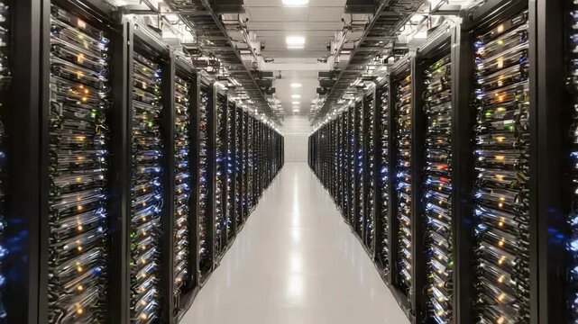 Data center with rows of server racks along a bright central aisle.