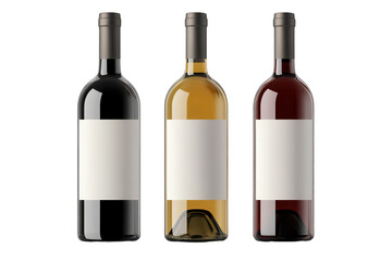 Fototapeta premium Elegant display of three wine bottles with blank labels set against a neutral background in a stylish presentation