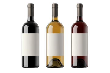 Elegant display of three wine bottles with blank labels set against a neutral background in a stylish presentation