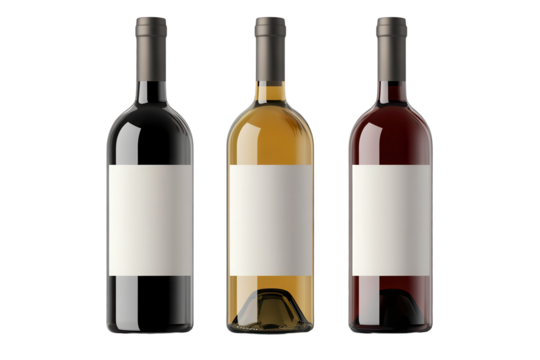 Elegant display of three wine bottles with blank labels set against a neutral background in a stylish presentation
