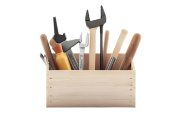 Wooden box with construction tools isolated on transparent background
