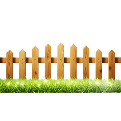 Fototapeta premium Charming wooden fence surrounded by vibrant green grass, creating a picturesque scene isolated on transparent background