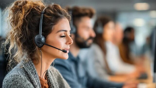 Customer service representative wearing a headset, speaking into a microphone at a busy call center with colleagues in the background. - Powered by Adobe