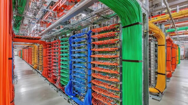 Color-coded network cables organized on racks in a data center, neatly routed through cable trays.