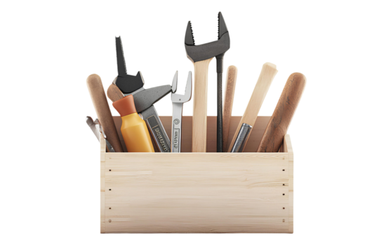 Wooden box with construction tools isolated on transparent background