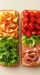 Deconstructed sandwiches with veggies and meats overhead