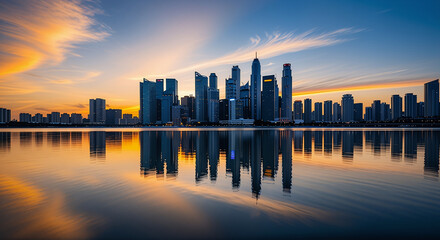 Obraz premium Modern city skyline reflected on calm water during sunrise, with tall skyscrapers under a dramatic sky. Peaceful urban landscape with warm morning light and clear reflection