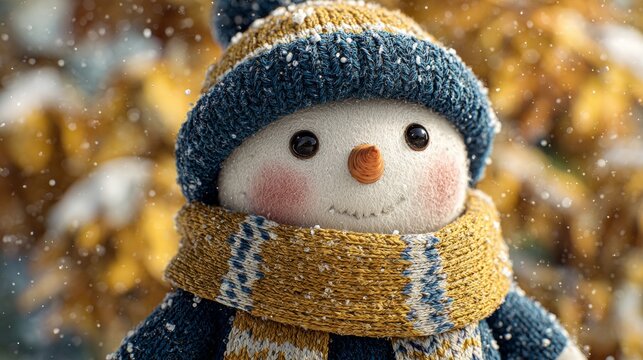 Joyful snowman amidst autumnal hues as nature transitions in subtle grace. Visual poster. Colorful scarfed snowman in sunlit autumn leaves, first snow on horizon. Hero poster. Epic poster.