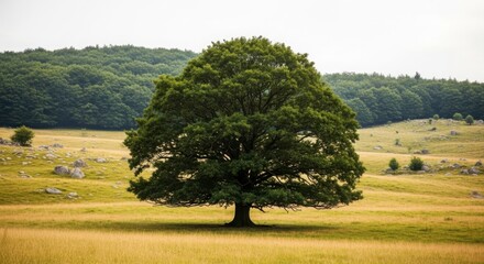 Solitary tree in a field with a forest in the background, creating a scenic landscape for nature and outdoor activities