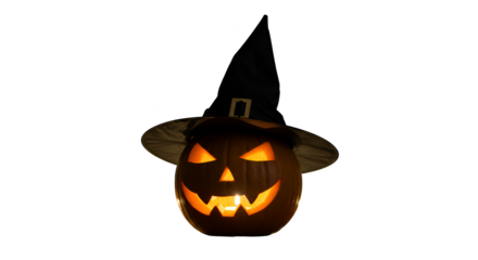 Illustration of Glowing Jack o Lantern Halloween Pumpkin Wearing Witch Hat