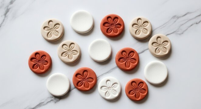 Overhead shot of a collection of round clay beads in white, beige, and terracotta colors isolated on white background
