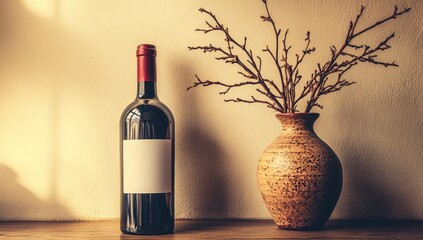 Wine bottle, vase of branches on a wood table, lit by light