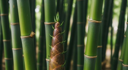 Fototapeta premium A close up of a bamboo shoot emerging from the ground surrounded by green bamboo stalks in a natural outdoor setting