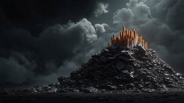 Powerful visual of a cigarette-covered mountain against a dramatic sky, perfect for anti-smoking campaigns and health awareness initiatives
