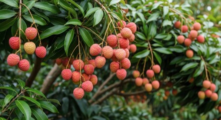 Obraz premium Litchi fruit on tree with green leaves in garden, fresh lychee growing in orchard, tropical fruit in summer season