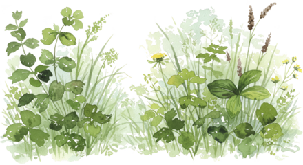 Illustration of Green Clover and Wild Grass Detailed Meadow