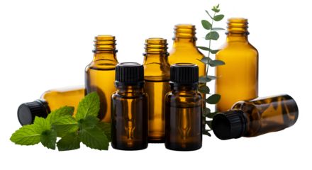 Amber Glass Essential Oil Bottles with Mint and Eucalyptus Isolated Background Photo
