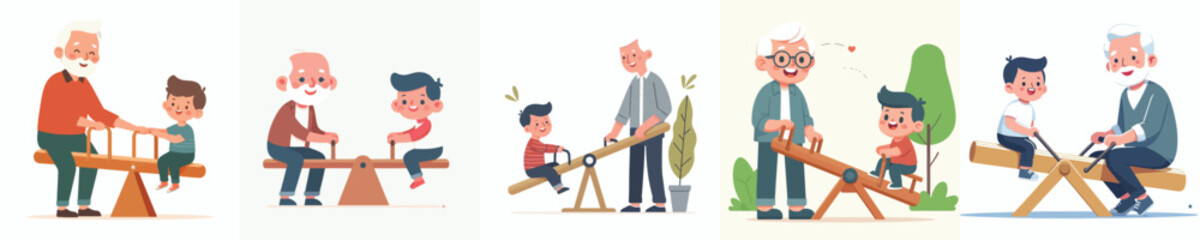 vector of grandfather playing seesaw with his grandson