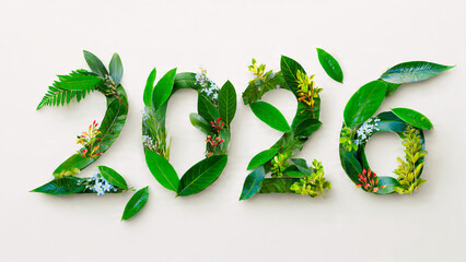 Year 2026 represented by lush green leaves and flowers on white background