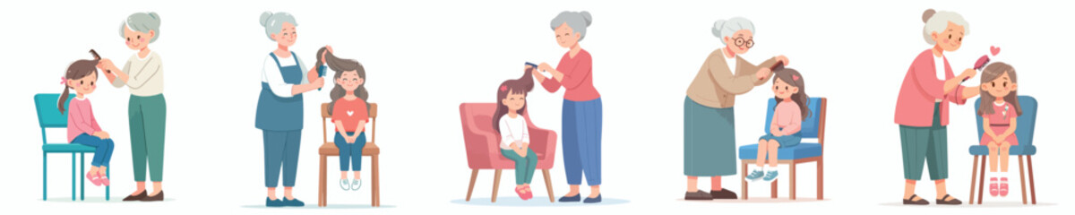 vector grandmother combing granddaughter's hair