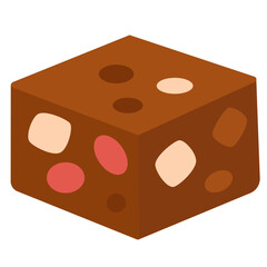 Chocolate fudge cube with nuts and candy bits, sweet dessert element ideal for cafe, bakery, and confectionery illustration design.