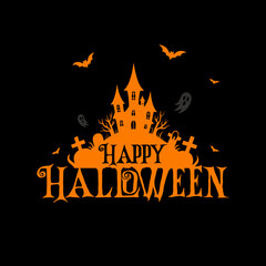 Happy Halloween typography with pumpkins and dark background, festive spooky design.