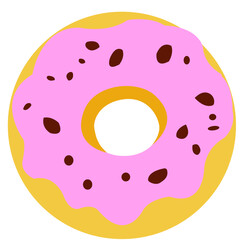 Pink strawberry frosted donut with chocolate sprinkles, sweet dessert snack element perfect for bakery and cafe illustration.