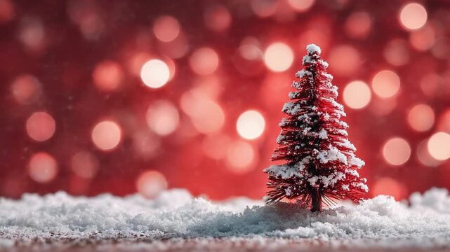 A tiny snow-covered pine tree stands in a snowy field with a glowing red bokeh backdrop.