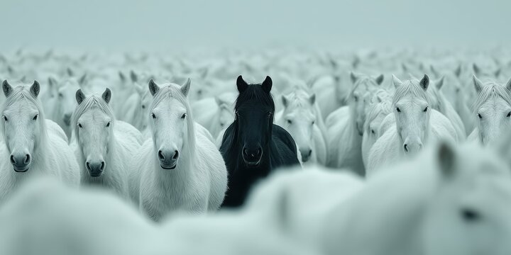 Black horse among white horses, not like everyone else, individuality, concept of a special person, newcomer, black sheep, concept of freedom of life pleasure. High quality