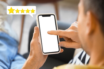 Man with smartphone at home, closeup. Mockup for design