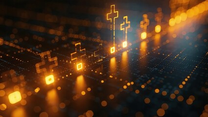 Glowing Christian Crosses on a Futuristic Digital Circuit Board.