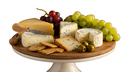 Isolated Cheese Board with Grapes Crackers and Olives Photo