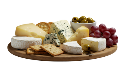 Isolated cheese platter with grapes crackers and olives