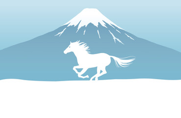 午年の年賀状テンプレート　雪景色の富士山と駆ける馬　コピースペース