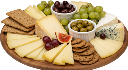Isolated Cheese Platter with Grapes Olives and Crackers on White Background