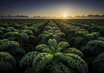 Sunrise over a Kale Field, with Rows of Verdant Green Leaves Illuminated by the Golden Light and Haze at Dawn