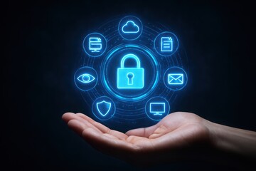 Hand holding glowing blue holographic security icons forming a digital network and padlock