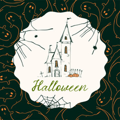 Vector Halloween composition with spiderwebs, castle, ghosts, pumpkins, and playful hand-drawn details. Whimsical and spooky, perfect as a seasonal design element for Halloween