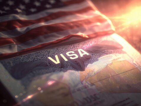 US visa, Visa in passport, fee for US visa, tour of the USA, airport, customs, checkpoint, illegal immigrants, closed borders, nationality H-1B visa. Macro photo. High quality photo