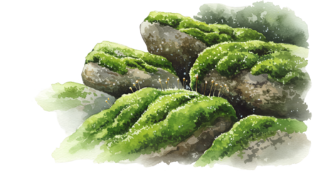 Illustration of mossy rocks with green fuzzy moss and white specks