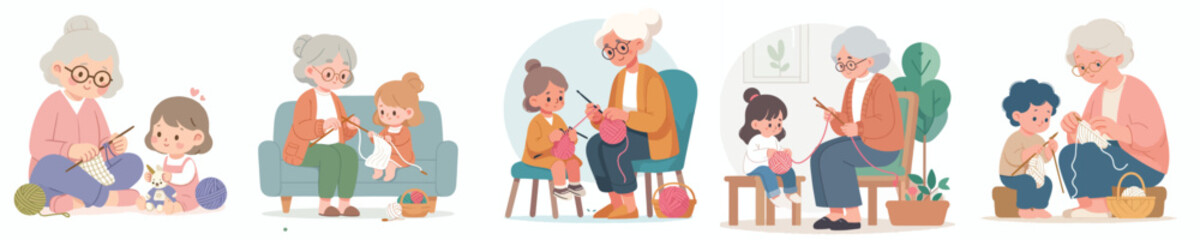 vector grandmother knitting with grandchildren