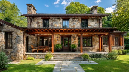 Obraz premium Charming Stone House Surrounded by Lush Greenery Features a Cozy Porch Perfect for Relaxation and Enjoying Nature's Beauty in a Peaceful Setting