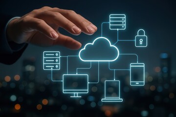 Human hand interacting with glowing digital cloud network diagram for futuristic data security concept