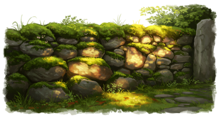Illustration of mossy stone wall with sunlight on path