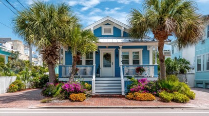 Fototapeta premium Charming Coastal Cottage Surrounded by Tropical Flora and Vibrant Bougainvillea, Capturing the Essence of Beachfront Living with Blue Exterior and Inviting Porch