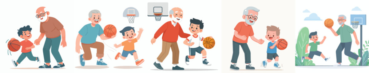 vector grandfather playing basketball with grandson