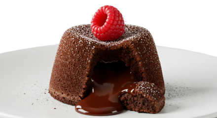 Isolated Chocolate Lava Cake Dessert With Raspberry and Powdered Sugar