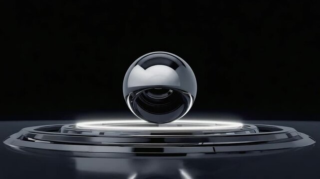 Sleek chrome orb slowly rotating on luminous display platform, futuristic technology design with smooth reflections and subtle light movement for cutting-edge product showcase videos