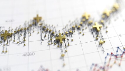 Golden plus signs indicating positive growth on a financial data chart.