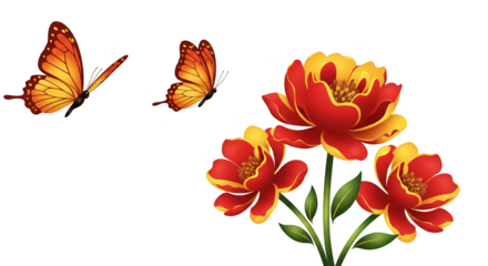 Illustration of Orange Butterflies Flying Near Red and Yellow Flowers